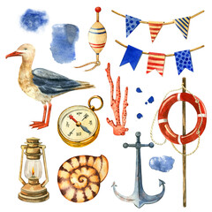 Fototapeta na wymiar A set of watercolor elements on a marine theme: seagull, floats, circle, compass, lamp, anchor, shells, hand-painted in watercolor. Suitable for invitations, postcards, decor and scrapbooking.