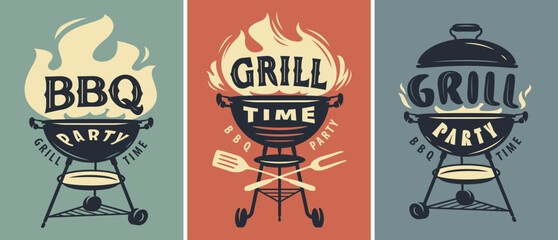 BBQ time, grill party retro poster set. Summer barbecue picnic. Cookout grilled food vector illustration - obrazy, fototapety, plakaty
