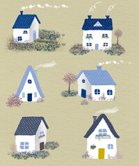 casitas de pueblo con chimeneas y arboles, arbustos, plantas