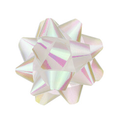 Fluffy white bow for gift wrapping top view. Decor for holiday gifts, congratulatory items. Decorative decoration element for birthday, christmas, new year.