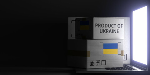 PRODUCT OF UKRAINE text and flag sticker on the boxes on the laptop on dark background. 3D rendering