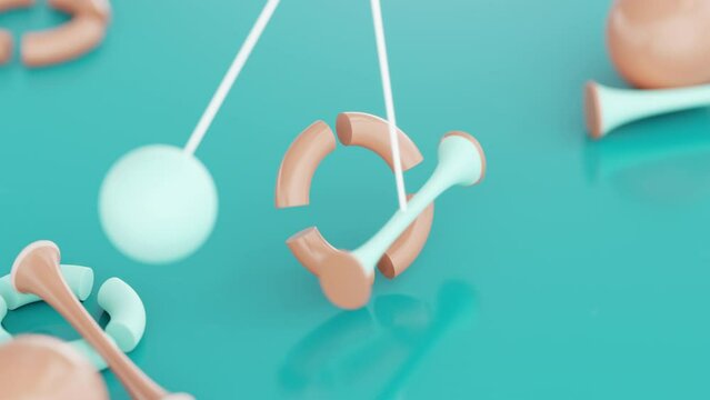 Seamless loop of hanging objects swinging through a ring. Satisfying animation.