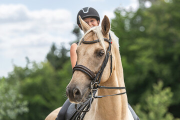 Equestrian scene: A female rider on a palomino kinsky warmblood horse during warm up for dressage...