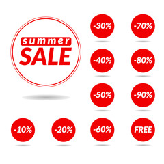 Summer sale  set vector badges template, free, 10, 20 , 30, 40, 50, 60, 70, 80, 90 percent sale label symbols, discount promotion flat icons on white background.