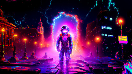 Sci-fi astronaut going through a portal with colorfull particles and neons in an ancient city digital art