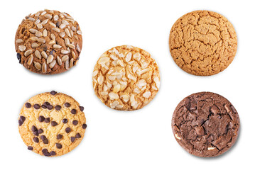 Set of different cookies, such as chocolate, oatmeal, with almonds, seeds and chocolate drops