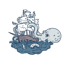Kraken Attacking Sailing Galleon Doodle Art Color