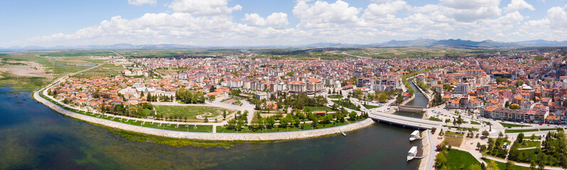 Obraz premium Aerial photo of Turkish town Beysehir with view of Lake and Channel Beysehir.