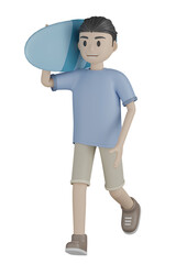 3d man in blue t-shirt with suitcase