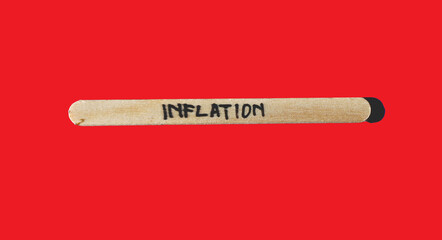 Word inflation written on wood stick isolated on red background. Inflation world economics and inflation control concept