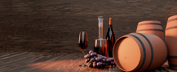 Cellar of aged wine barrels with two barrels at the front in a corner next to two bottle of red wine, a wine glass and grapes. Vinification. 3d illustration.