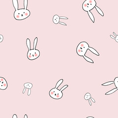 Cute white bunny with red cheeks - seamless pattern with animals on pink background