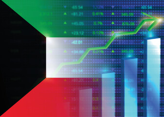 Economic growth in Kuwait.Kuwait's stock market.Kuwaiti flag with charts,growth arrow