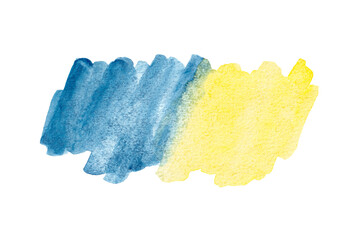 Abstract blue and yellow watercolor brush stroke painting background isolated on white