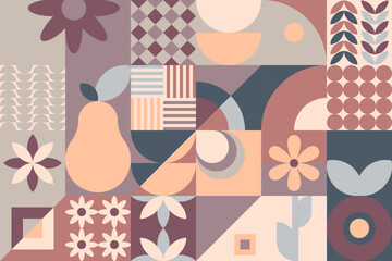 Geometryczna kompozycja - kolorowa jesienna mozaika z jabłkiem, gruszką i kwiatami. Powtarzający się wzór w stylu neo geometry do zastosowania jako tło do projektów. - obrazy, fototapety, plakaty