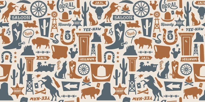 Wild West Repeating Pattern | Seamless Cowboy Background | Mid-Century Comic Style Western Wallpaper | Southwestern Background
