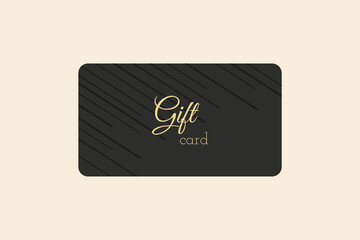 Gift card with black horizontal glitch lines on black background. Dark vector template useful for any invitation design, shopping card (loyalty), voucher or gift coupon, vip club card