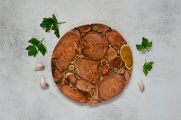 background of food and ingredients for the design copy space text with spice and seasoning, parsley and garlic, flat lay for menu