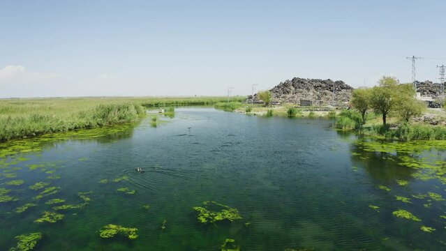 Aerial view of Karasu Marshes in Igdir. 4K footage in Turkey
