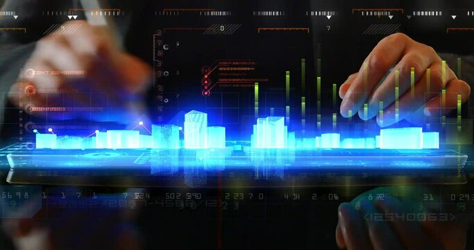4K Human Finger Turns on Touch Futuristic Screen Button;financial stock chart;Business tech digital Data trend hud Graph;business diagram with charts and stock numbers.Big Data Digital City grouth.