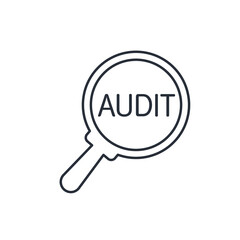 Magnifying glass with an inscription. Auditor monitoring. Vector linear icon isolated on white background.