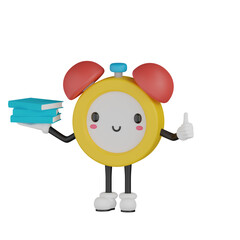3d yellow clock character holding things
