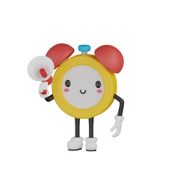 3d yellow clock character holding things