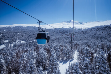 Cable Car way to snowy uludag mountains in bursa turkey with beautiful view from the top - obrazy, fototapety, plakaty