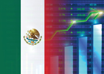 Economic growth in Mexico.Mexico's stock market.Mexican flag with charts,growth arrow