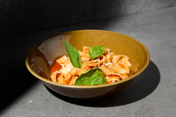 Italian pasta Pappardelle with tomato and mozzarella cheese on gray stone table. Tomato pasta pappardelle with cheese and basil. Veggie pasta with tomatoes on concrete background and shadow.