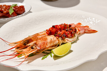 Seafood appetizer - baked langoustines with tomato tartar on white table. Grilled shrimp in italian restaurant menu. Langoustines on white background with shadows. Shrimp appetizer. Baked prawn.