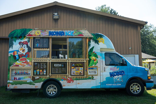Illustrative editorial of Kona Ice ice cream truck photographed in Clarkston MI USA on 08 06 2022