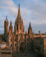 Barcelona Cathedral rooftop view at sunset golden hour