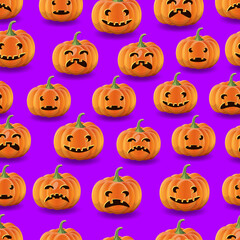 Halloween night seamless vector pattern. Pumpkins on violet background