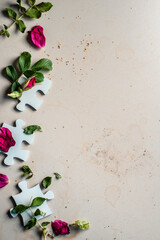 Blank puzzle pieces with rosehip flowers, connection concept, floral flatlay