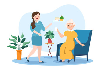 Fototapeta na wymiar Elderly Care Services Hand Drawn Cartoon Flat Illustration with Caregiver, Nursing Home, Assisted Living and Support Design
