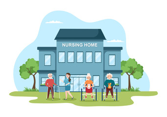Obraz na płótnie Canvas Elderly Care Services Hand Drawn Cartoon Flat Illustration with Caregiver, Nursing Home, Assisted Living and Support Design