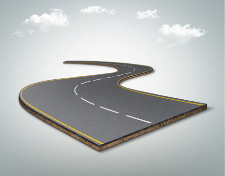3d illustration of realistic road isolated. bending road and highway advertising creative design. illustration of vacation and transportation road isolated with clouds.