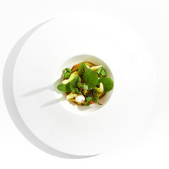 Healthy vegetarian green salad. Veggie organic food - avocado, broccoli, green leaf, tomato. Plant based dining. Meatless menu. Fresh salad with green vegetables isolated on white background.
