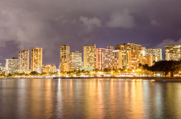Fototapeta na wymiar Waikiki beach at night in Honolulu on Oahu, Hawaii