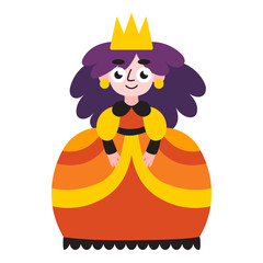 Teenager girl in Pumpkin princess costume vector illustration. Hand-drawn Halloween queen girl in grand vintage dress and with gold crown. Funny Halloween character girl isolated on white