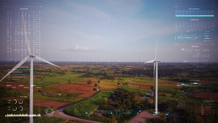 Aerial view drone shot with head up display interface HUD, Electric power wind turbine metaphor zero emission alternate energy concept, dot and grain background processes
- Powered by Adobe