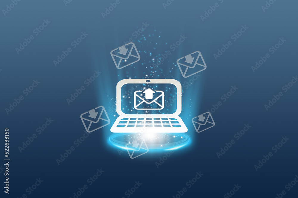 Poster concept for email marketing using a computer to send messages with an email address icon and an enve
