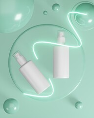 White spray bottle beauty cosmetic green stand podium with light spiral Blank mockup 3D illustration on green natural background