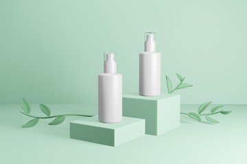 White spray bottle beauty cosmetic green stand podium Blank mockup 3D illustration with green natural background