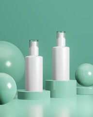 White spray bottle beauty cosmetic green stand podium with sphere Blank mockup 3D illustration on green natural background