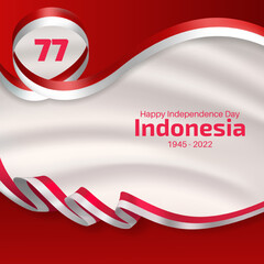 Happy Indonesian Independence Day. Greeting card template with red and white flag ribbon decoration on gray waving background
