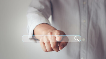 Data Search Technology SEO Search Engine Optimization. Search button on virtual screen pressed with...