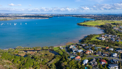 Aerial View from the Beach, Green Trees, City Streets and Waves - Tahuna Torea, Bucklands Beach View in New Zealand - Auckland Area