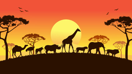 Fototapeta na wymiar Savannah Animals Sunset Illustration Vector Art. Great African Savannah Landscape